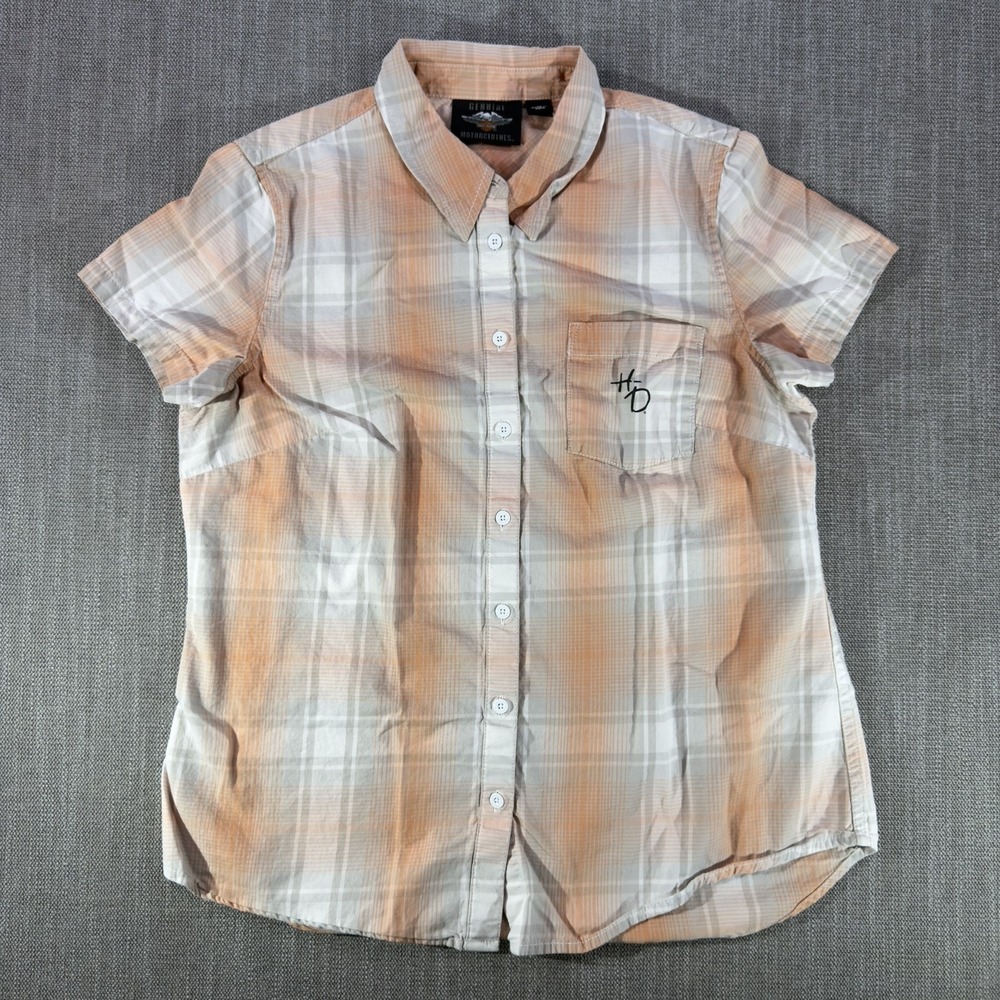 Harley-Davidson Shirt Womens Medium Orange Plaid Button Up Embroidered Back Logo